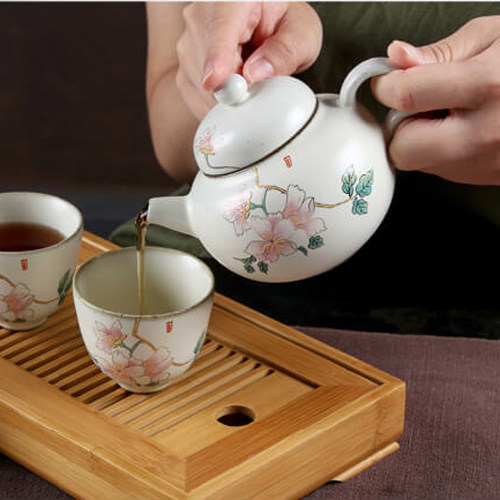 天若有情台湾宜龙茶具汝黄釉山茶花紫砂泥陶瓷茶壶公道杯茶杯中式