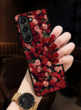适用三星Z Fold6手机壳新款zfold5手机壳W24网红色玫瑰花23左右折叠屏ZFold3外壳潮牌高档女zfold4保护套国风