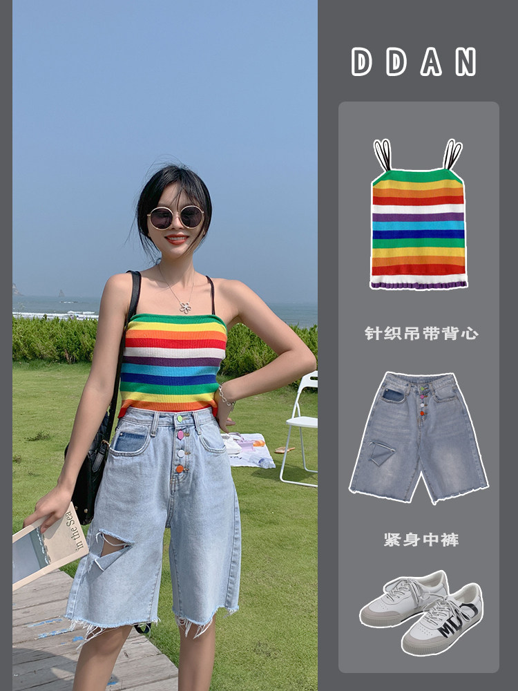 2021年新款女装潮流无弹五分裤牛仔裤女薄款夏季