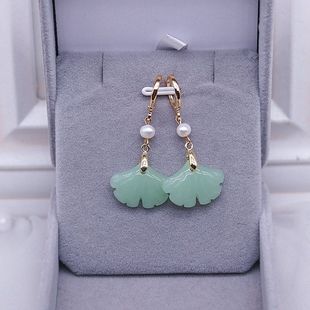 s925银耳环新款百搭气质玉石银杏叶耳饰天然珍珠耳坠真金电镀耳扣