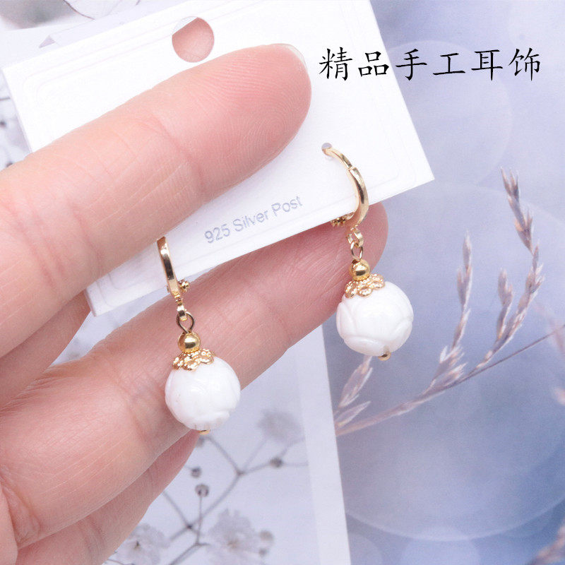 天然白贝雕刻耳环女14包金保色