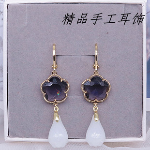 白玉兰花长款耳坠奥地利紫水晶梅花形状耳环14k包金耳扣甜美原创