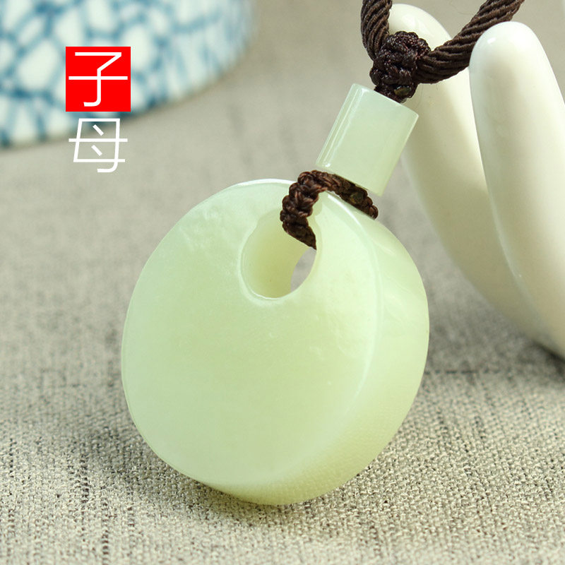 听玉缘和田玉平安扣吊坠 岫岩黄白老玉平安扣挂件 偏心怀古子母扣