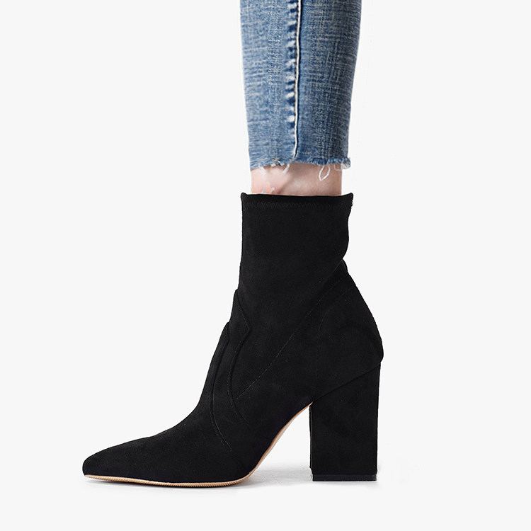 CARVED FASHION GENUINE LEATHER AND SHEEPSKIN PADDED FEET BLOCK HEEL HIGH HEEL SUEDE SLEEVE SKINNY STRETCH WESTERN COWBOY BOOTIES WOMEN