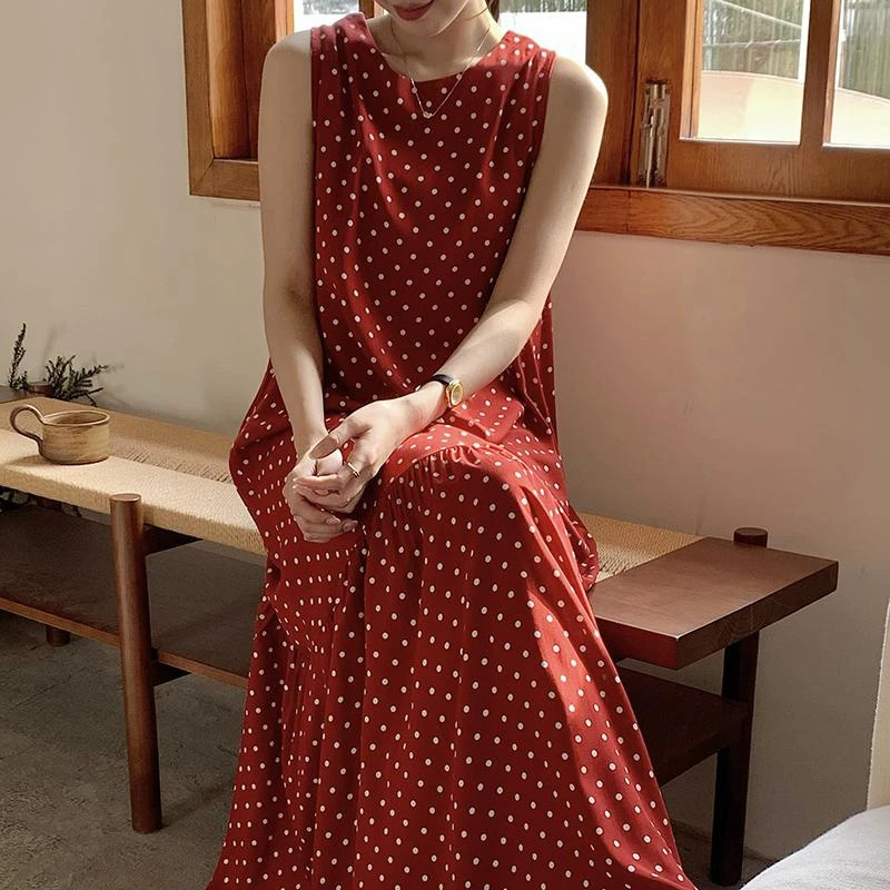 米诗缇棉绸世家无袖睡裙2025新款波点夏季背心加长款韩系睡衣气质