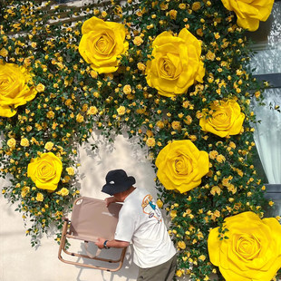 黄色玫瑰藤条橱窗装饰仿真花假花向日葵背景墙布置网红打卡造景