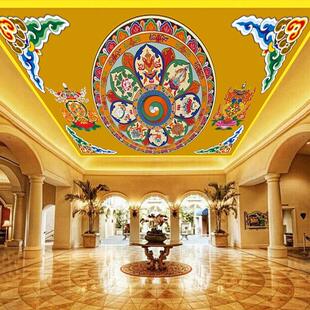 藏式吉祥八宝墙布花纹天花吊顶壁画藏族文化壁纸九龙戏珠背景墙纸