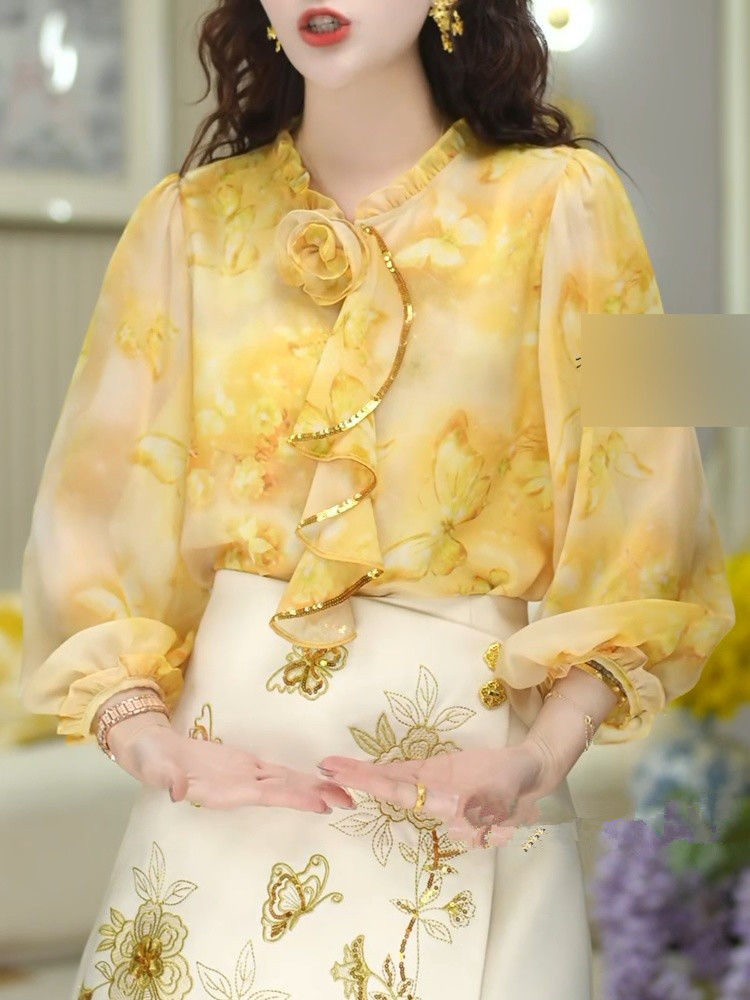 夏秋花色小香风胖MM大码香云纱桑蚕丝印花真丝长袖上衣衬衫