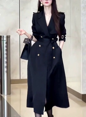 小香风大码胖MM春秋黑色显瘦修身气质中长款过膝风衣女士外套