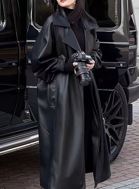 海宁真皮绵羊皮长款皮衣外套女春秋宽松显瘦过膝风衣