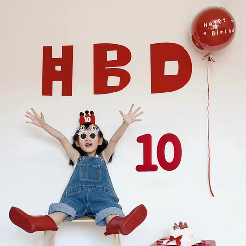 红色HBD生日字母数字墙贴帽子气球套装儿童宝宝周岁派对装饰布置