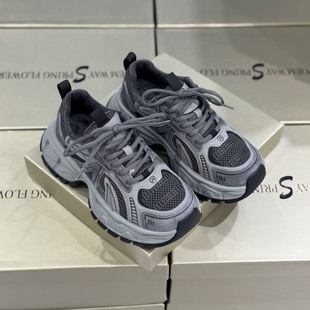 真皮厚底显脚小复古百搭系带运动鞋 新款 女冬季 诗路花语加绒老爹鞋