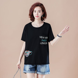 RM5333#夏季新品圆领七分插肩袖卡通字母印花宽松大码T恤女