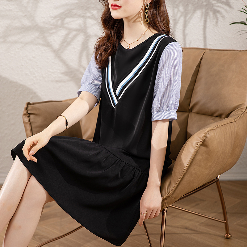 PF4324#夏季新款时尚圆领条纹泡泡袖休闲气质连衣裙女裝批發 服裝批發 服裝貨源
