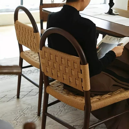 杞居法式复古实木靠背绳编餐桌椅