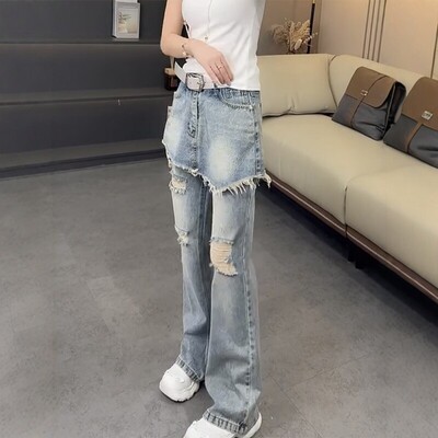 春夏季新款破洞微喇牛仔裤女