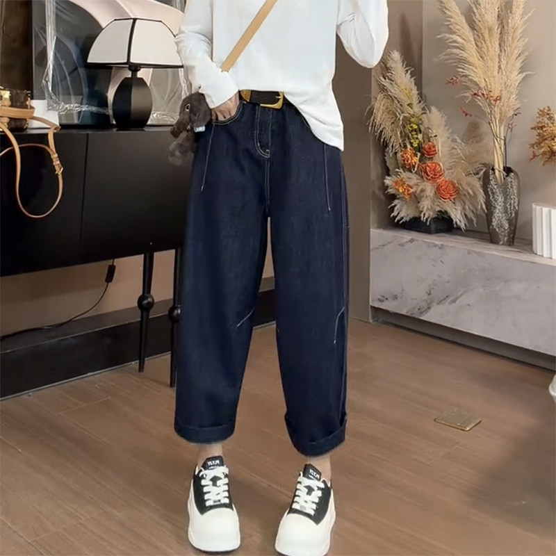 2026春季新款九分老爹牛仔裤女显瘦洋气哈伦裤大码薄款遮肉阔腿裤