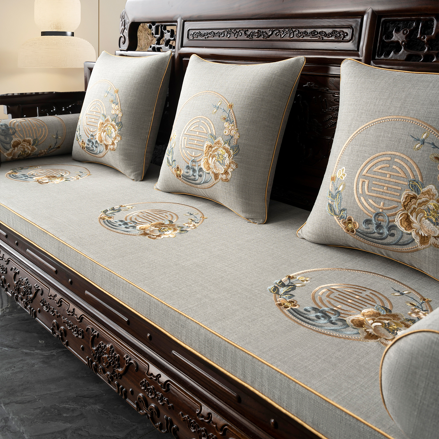 红木沙发垫新中式罗汉床五件套刺绣防滑加硬海绵实木沙发垫子定制