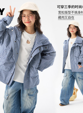 童装儿童外套春秋款2026新款洋气女童格子连帽夹克中大童上衣春季