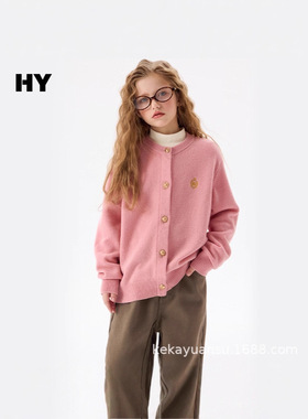 女童灰色开衫毛衣 精致纽扣  刺绣徽章 百搭学院风针织衫粉色毛衫