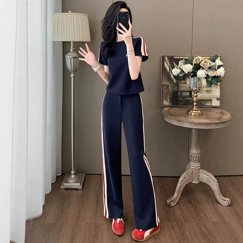 欧洲站品牌休闲运动套装女夏季洋气减龄短款短袖T恤阔腿裤两件套