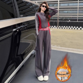 炸街飒酷风休闲运动套装 两件套 裤 女秋冬加绒修身 拼色连帽卫衣工装