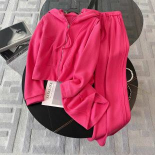 洋气减龄休闲运动套装女春秋季炸街玫红色外套上衣阔腿裤两件套棉