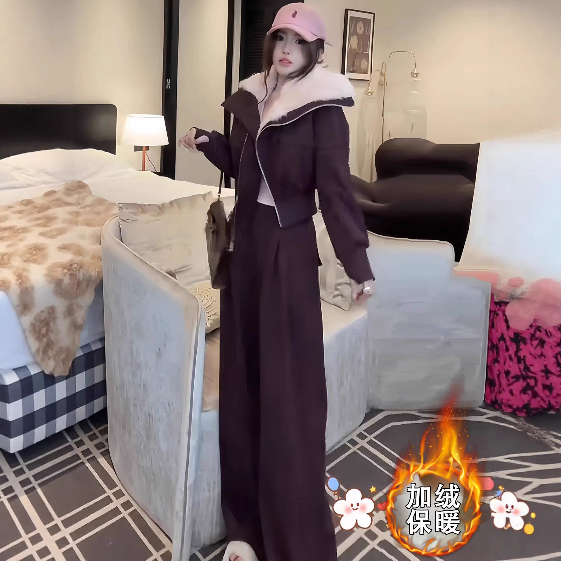 超火冬装一整套加绒炸街爆款毛领收腰卫衣阔腿裤休闲两件套女,女装/女士精品,时尚套装,淘宝优惠券,粉丝福利购,淘宝优惠卷