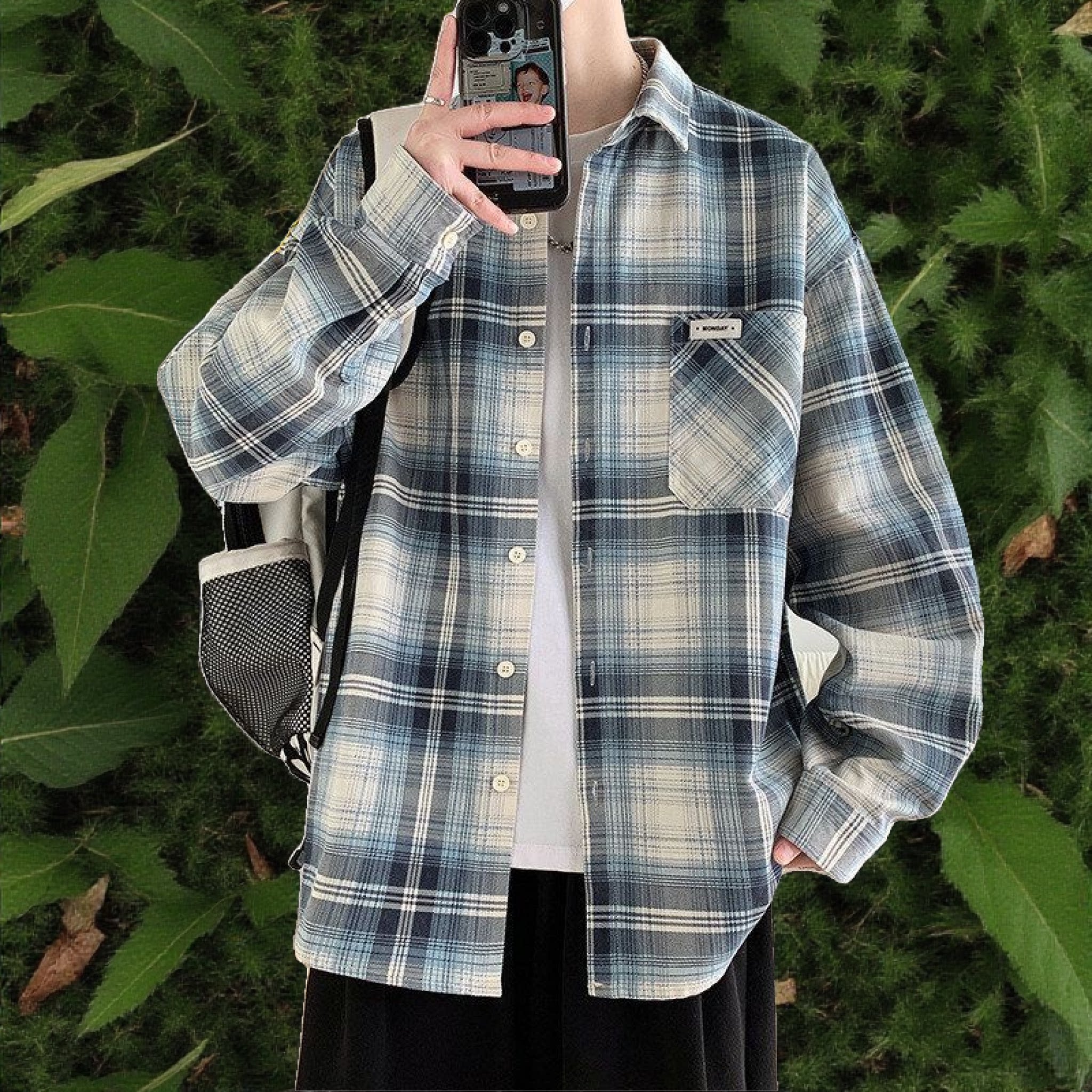 早秋男士宽松格纹长袖衬衫