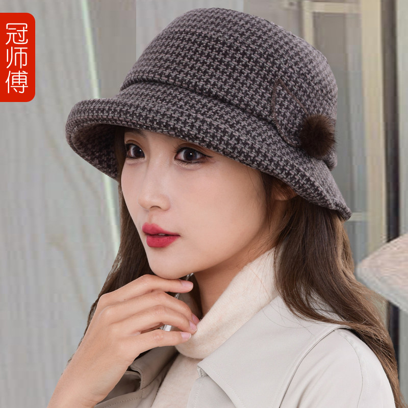 女士盆帽秋冬潮款毛呢粗线纹提花渔夫帽2026新款毛球妈妈女帽大款