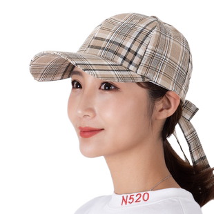 全棉帽子女韩百搭潮流方格子棒球帽蝴蝶结时尚飘带春夏鸭舌帽飘带
