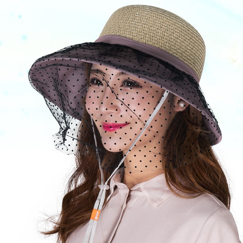 冠师傅面纱帽子女夏天遮阳帽大檐防晒防紫外线太阳帽折叠草编凉帽