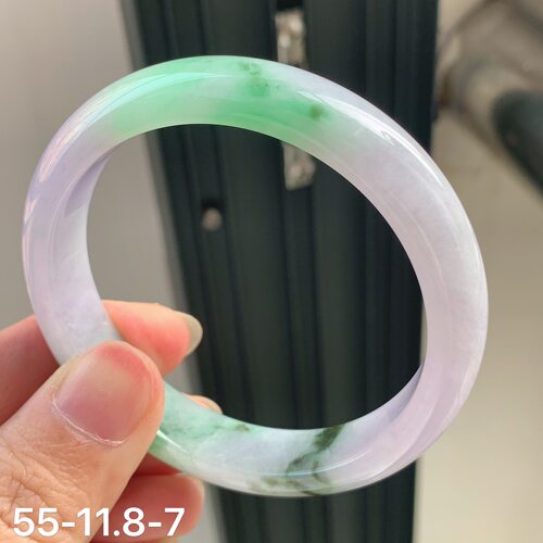 55圈口天然翡翠a货冰种阳绿紫罗兰飘花平安手镯有证书翡翠手镯