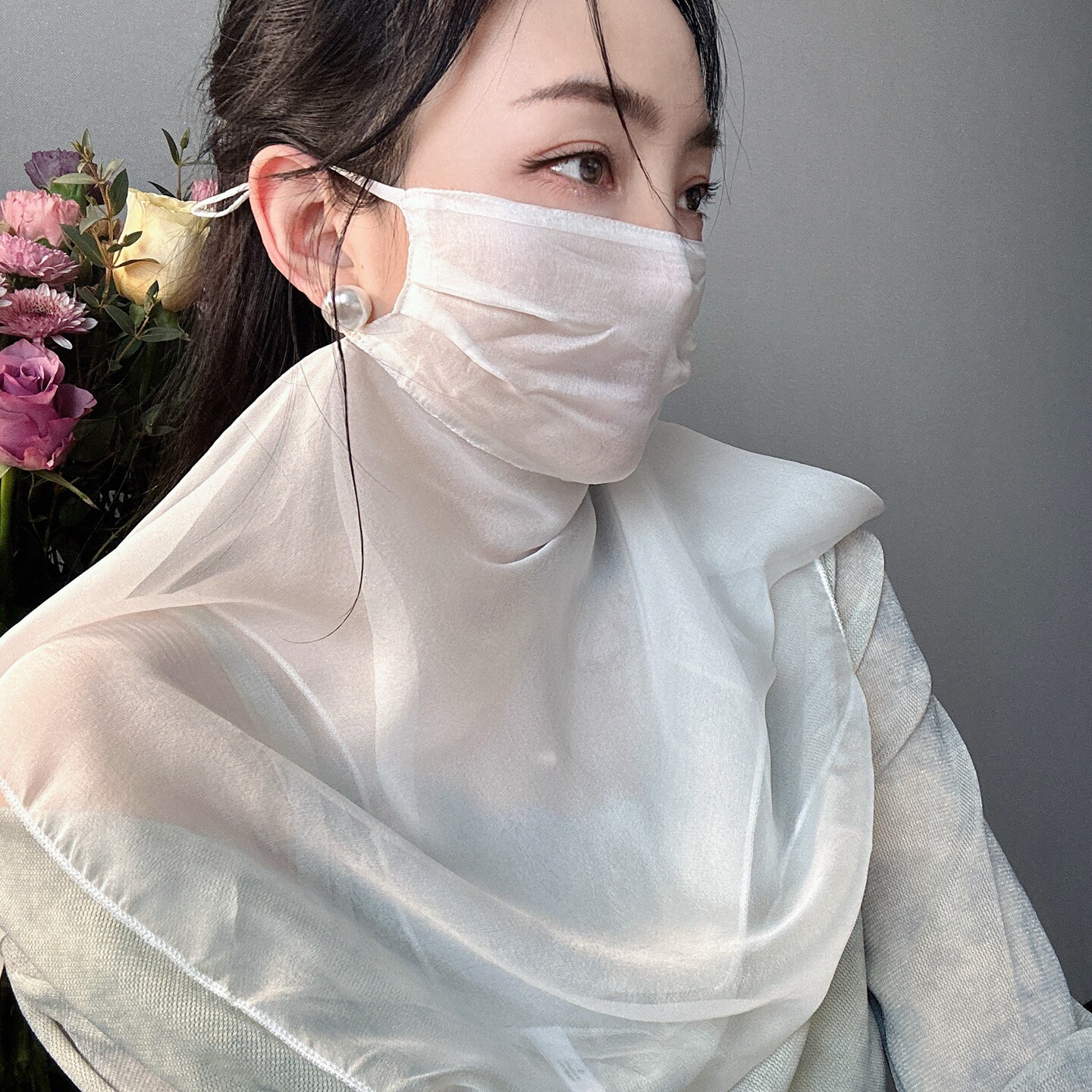 奢级浪漫100％桑蚕丝防晒面罩护颈一体夏季朦胧透感护肤遮阳面纱