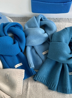 秋冬显白治愈蓝色系基础款100％wool羊毛围巾百搭韩系保暖围脖