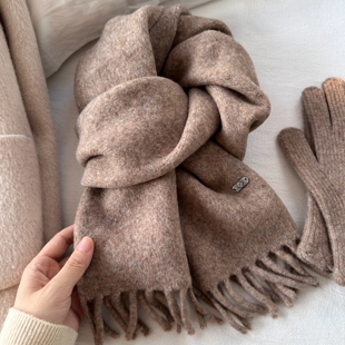 韩代chic超柔亲肤贵气紫绒色含羊毛保暖围巾男女款简约百搭围脖冬