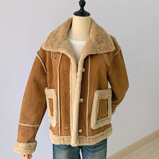 羊羔毛拼接加绒加厚短外套女2025冬季新保暖翻领皮毛一体夹克开衫