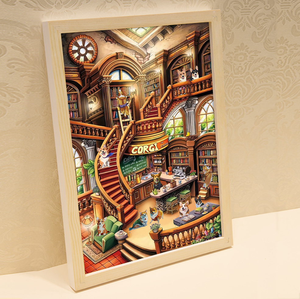 成人木质拼图300/500/1000片大型儿童益智减压玩具狗书店100送框