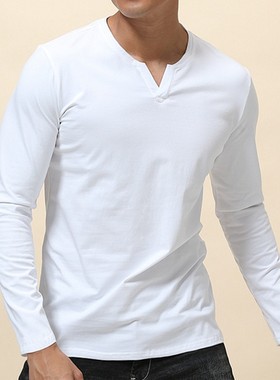 男士纯棉多色大码修身纯色免烫亨利开筒门襟上衣简约v领长袖t恤
