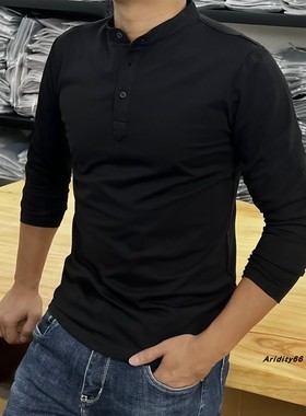 欧美男士纯棉长袖门筒领外穿日常简约修身弹性内搭打底衫立领t恤