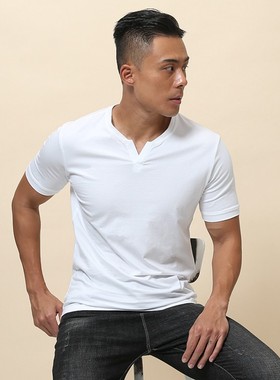男士夏美式复古硬汉V领免烫短袖纯色修身休闲薄款上衣高端纯棉t恤