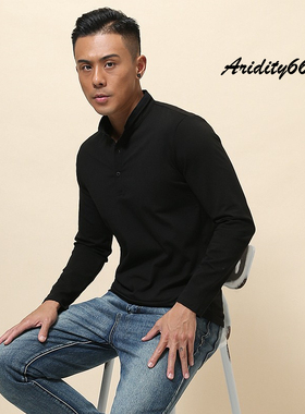 男美式休闲开襟门筒高领长袖修身弹性硬汉纯色上衣打底衫立领t恤