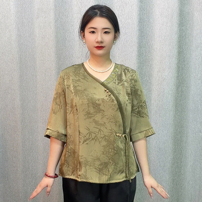 新中式V领印花五分袖妈妈装