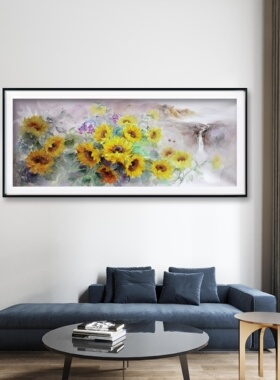 天津新世纪画廊客厅油画向日葵油画尺寸70*180厘米字画装裱设计