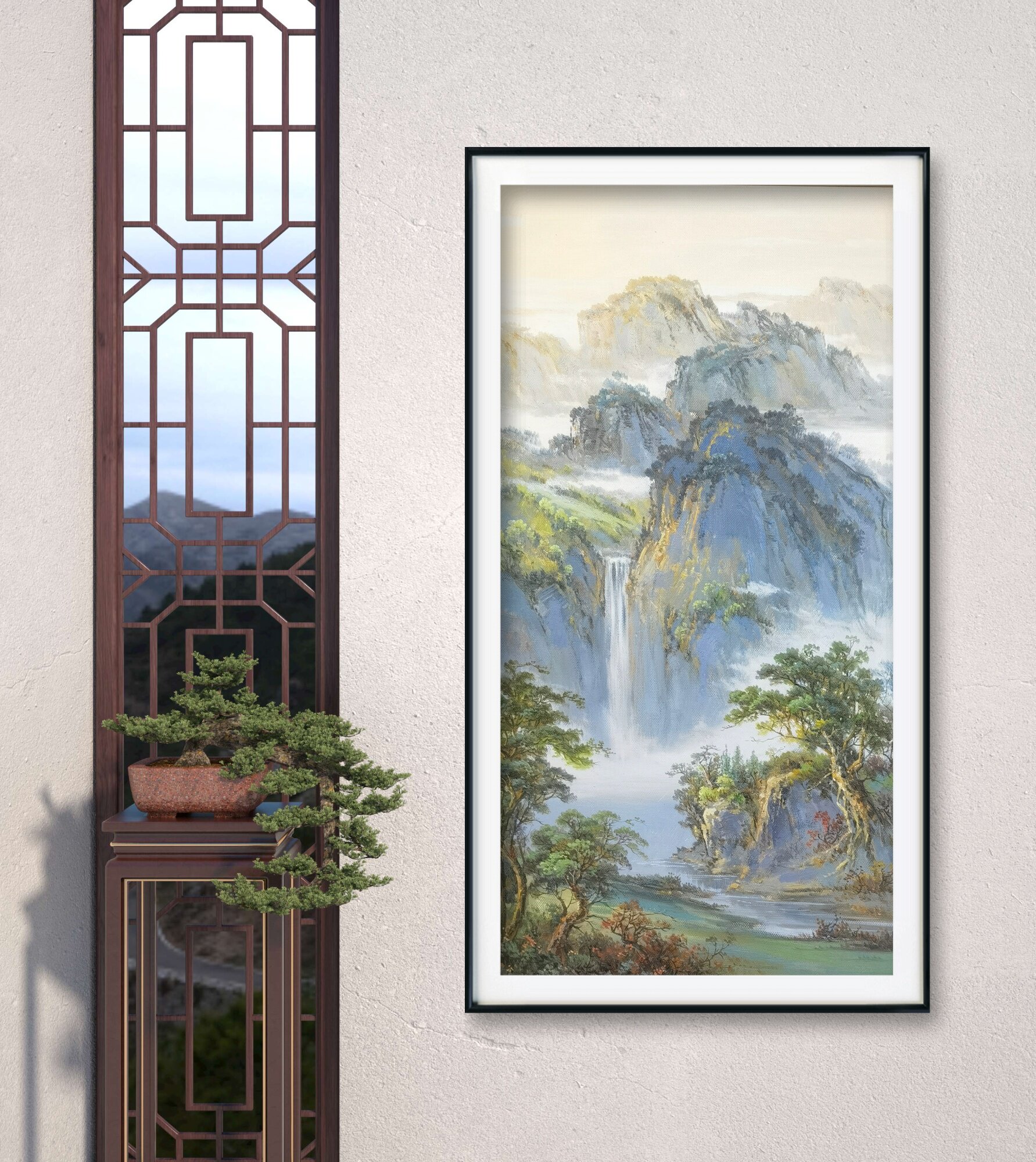 新中式山水风景纯手绘油画高山流水客厅装饰画招财聚宝盆玄关挂画