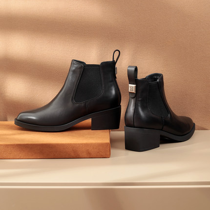 fed 2025秋冬新款时尚粗跟切尔西短靴一脚套方头牛皮烟筒靴FDG015