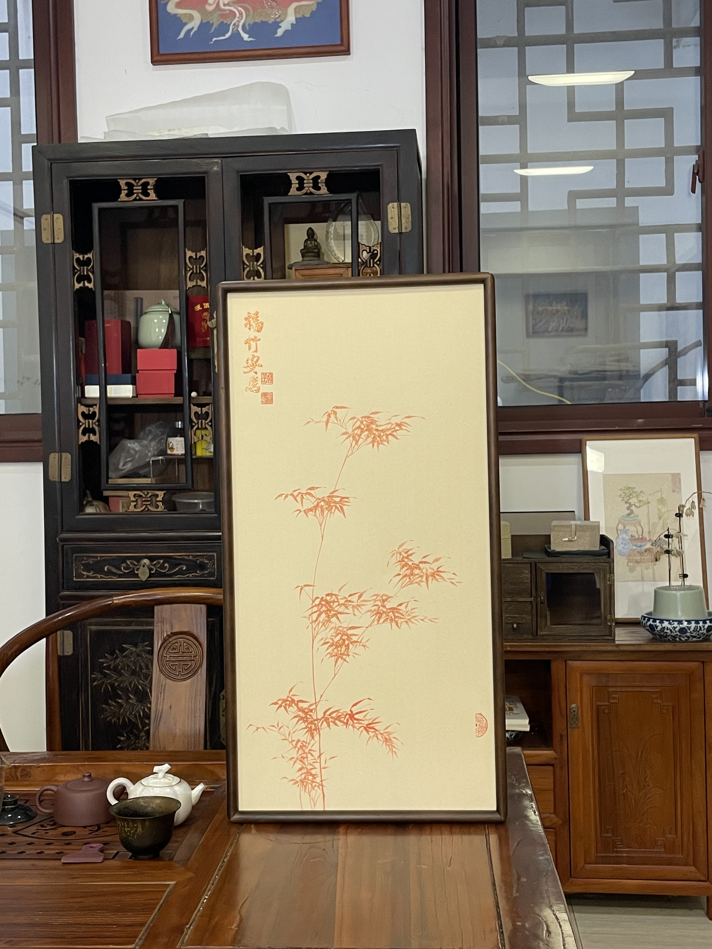 新中式纯手绘朱砂红竹装饰画入户玄关挂画走廊过道壁画竹子挂画