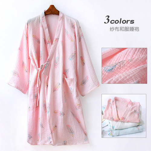 春秋日系纯棉和服睡衣女七分袖纱布浴袍女中长款家居服纱布睡袍女 - 封面