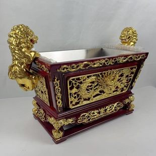 佛堂玄关供奉马槽炉四方炉中式仿古雕花双狮炉木雕工艺大香炉实木