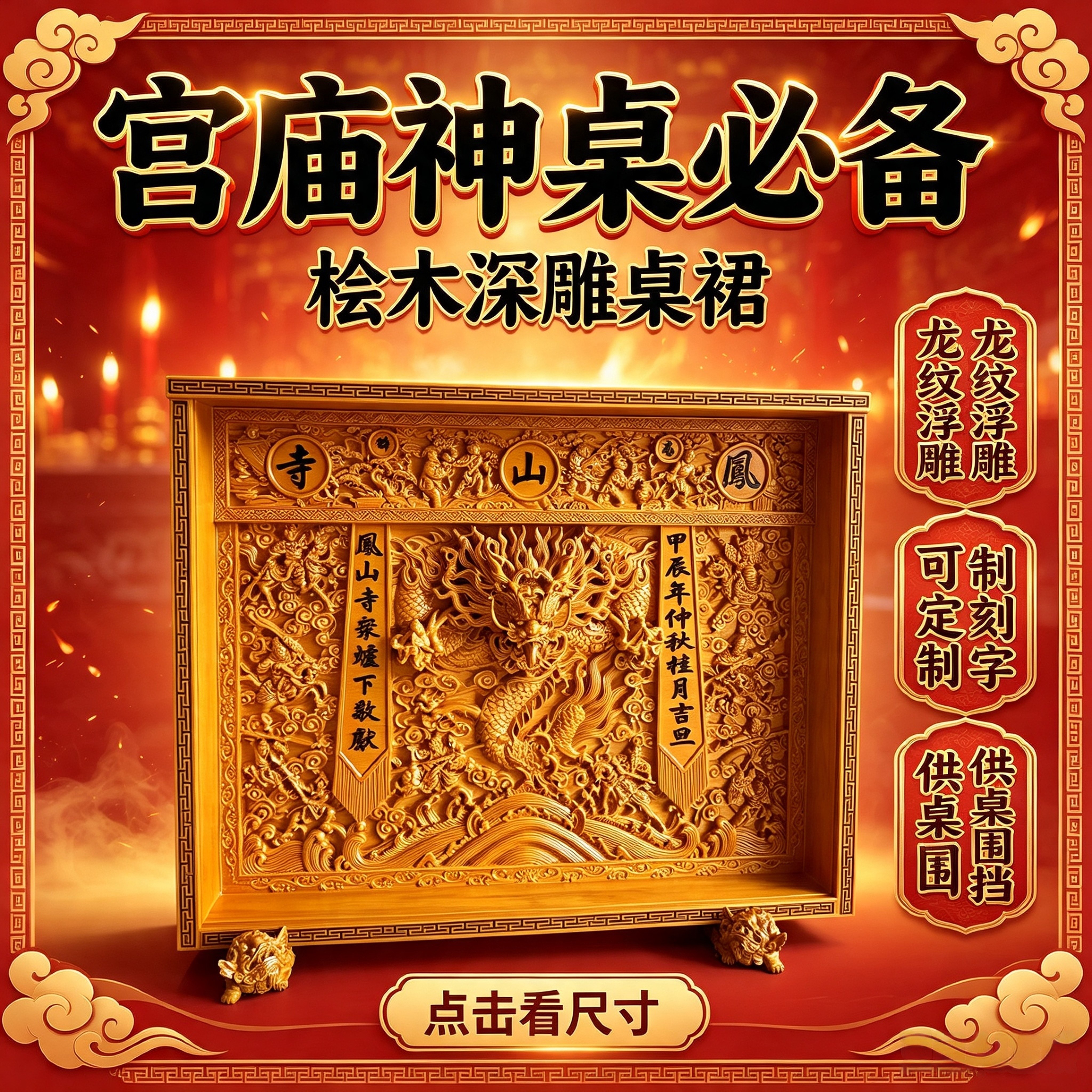 木雕桌裙八仙桌龙纹刻字桌围供桌